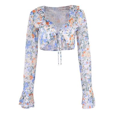 China Anti-pilling Floral Ladies Lace Up Ruffle Crop Top Long Sleeve Flared Sleeves Chiffon Shirt for sale