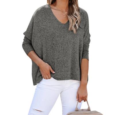 China Anti-pilling Women's Solid Color V-neck Long Sleeve Shirts Loose Fashion Casual Tops Cute Basic Tees for sale