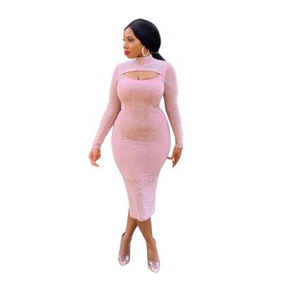 China Breathable Long Sleeve Net Gauze With Diamond Cocktail Hollow Out Tight-fitting Women Plus Size Dress for sale