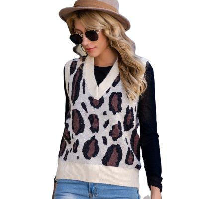 China Breathable Women's Sweater Fashionable V-Neck Leopard Print Outer Wear Knit Sweater Vest for sale