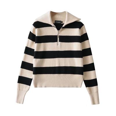 China Women's Turtle Neck Loose Casual Chunky Sweater Anti-Wrinkle Half Open Zipper Stripes Knitted Sweater for sale