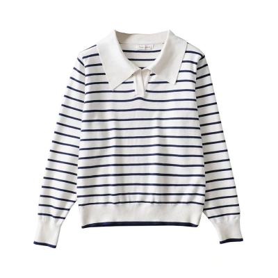 China Anti-Wrinkle Women's Lapel V-Neck Loose Casual Striped Pullover Knitted Sweater for sale