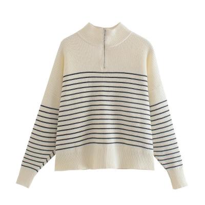 China Anti-Wrinkle Women's Tortoise Neck Zipper Ajar Loose Casual Striped Pullover Knitted Sweater for sale