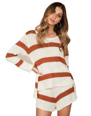 China Striped Sweater Breathable Womens Long Sleeve Shorts Two Piece Suit for sale