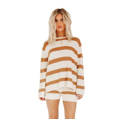 China Anti-pilling Stitching Striped Loose Knit Tie Back Sweater Shorts Two Piece Sweater Women for sale