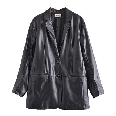 China Women's Breathable Street Lapel Top PU Over Long Sized Faux Leather Blazer Loose Leather Jacket for sale