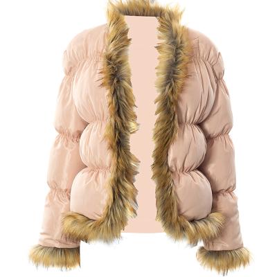 China Breathable Women's Winter Pink Fur Collar Long Sleeves Puffy Down Padded Jacket With Fur for sale