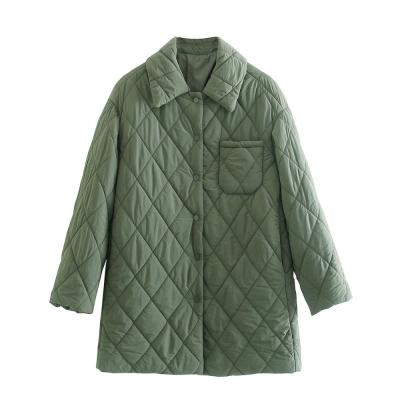 China Womens Diamond Cotton Jacket Loose Padded Green Quilted Jacket Winter New Breathable Outdoor Lapel for sale