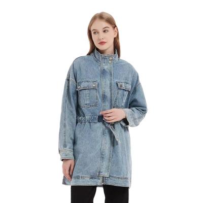 China Women's Fall Breathable Winter Washed Blue Jeans Jacket Loose Elastic Waistband Denim Coat Long for sale