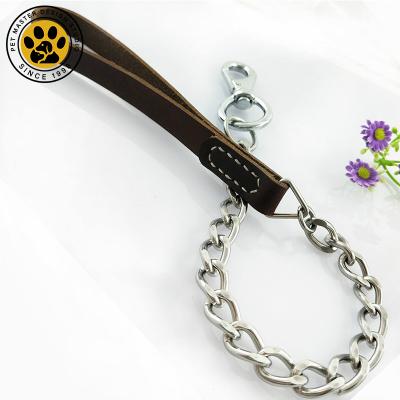 China SinSky Viable Sells Durable 15mm Wide Leather Stainless Steel Pet Chain Pull Double Sided Belt for sale