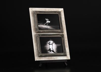 China Two 5”x7” Openings Tabletop Photo Frames In Antique White and Black With One Wooden Shelf for sale