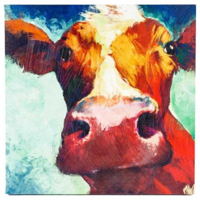 China 22” x 22” Square Colorful Decorative Wall Hand Painted Canvas With Big Cow for sale