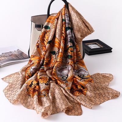 China Long New Scarf 2020 Stretching Silk Brand Design Digital Printing Big Brand Logo Long Silk Scarf Shawl for sale