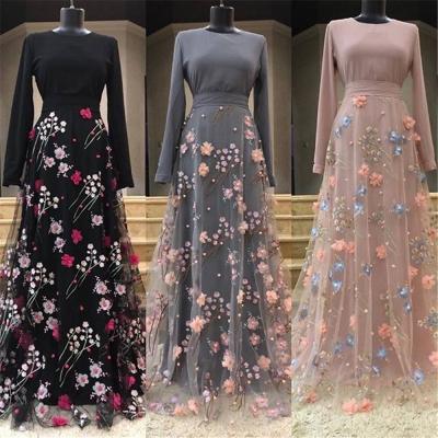 China 2021 3D Flower Elegant Embroidered Long Maxi Dress Muslim Abaya Maxi Dress High Quality Long Sleeve Full Dress for sale