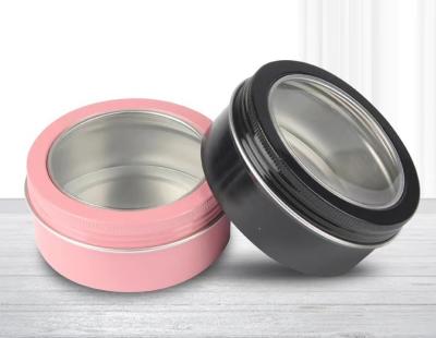 China Wholesale Recyclable Metal Aluminum Tins Jar With Window Lids For Cosmetic Nail Pills Leaf Tea Candles Hair Wax Snack 180g for sale