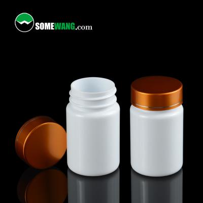 China 60ML 2oz Wide Bronze Pet Pharmacy Plastic Bottle Gold Mouth Pill Bottles Cosmetic Medicine Capsules Container White Color for sale