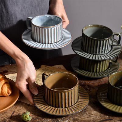 China Retro Cup and Saucer Logo Ceramic Coffee Cup Set Custom Viable Restaurant Pottery Kiln 250ML Transmutation Coffee Tea Set for sale