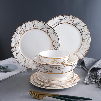 China Sustainable Luxury Dining Plates Ceramic Dinnerware Set Marbling Dishes And Bowls Dishes Ceramic Dinner Ware With Gold Rim for sale