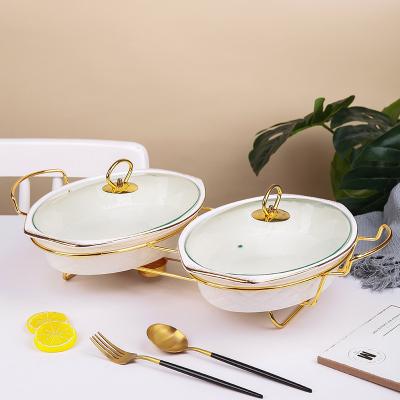 China Home Hotel Restaurant Factory Directly Supply Luxury Porcelain Twin Rim Oval Ceramic Chafing Dish Party Food Warmer Gold Casserole Lid Used Food for sale