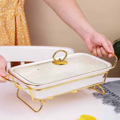 China Home Hotel Restaurant Factory Directly Supply Rectangle Party Display Chafing Dish Porcelain Golden Rim Ceramic Casserole Food Warmer For Sale Used Food for sale