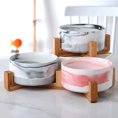 China Sustainable Wholesale Marbling Ceramic Dog Cat Food And Water Bowl With Wooden Frame Stand for sale