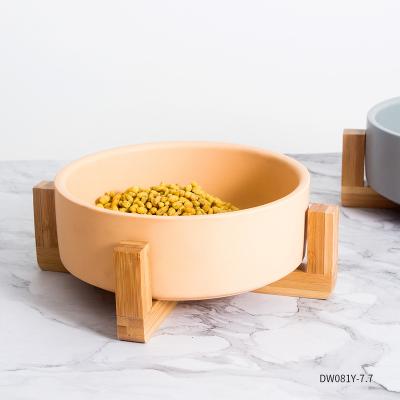 China Wholesale Custom Sustainable Dog Bowl Non Slip Tangled High Ceramic Pet Bowl With Wooden Stand for sale