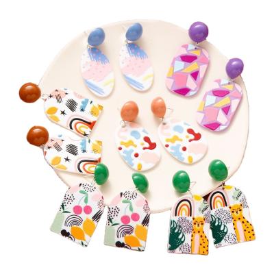 China New BOHEMIA Designer Touch Printing 3D Painted Acrylic Earrings Marbled Vintage Clay Earrings Exquisite for sale