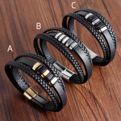 China FASHIONABLE high quality multi layers hand chain bracelets leather magnetic clasp steel bracelets for men for sale