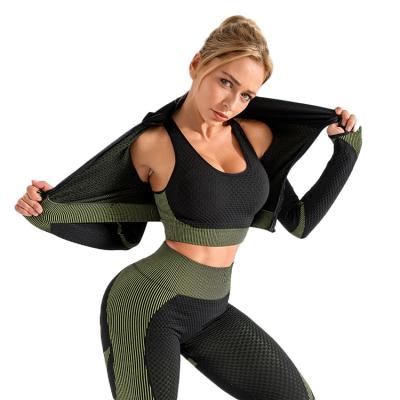 China 2021 antibacterial new female 3pcs/set autumn and winter long sleeved knitted fitness sports wear suit crop top leggings S-XL for sale