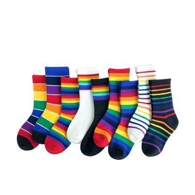 China Wholesale Anti-Fault Cotton Boys and Girls Rain Bow Socks Fashion Kid Socks New Design Ribbed No Bone Cotton Knit Socks for sale