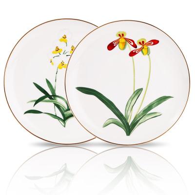 China Disposable High Quality Ceramic Orchid Flower Painting Round Hand Dishes Charger White Steak Dish for sale