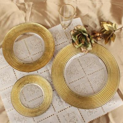 China New Arrivals Disposable Charger Plates Exquisite Restaurant Dessert Luxury Ceramic Dinner Dishes With Charger Line Gold Glass Dishes for sale