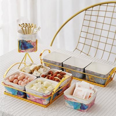 China Disposable Light Luxury Dishes Sets Grid Dried Fruit Dish Small Ceramic Divided Dish Small With Bracket Ceramic Lounge Dishes Set for sale