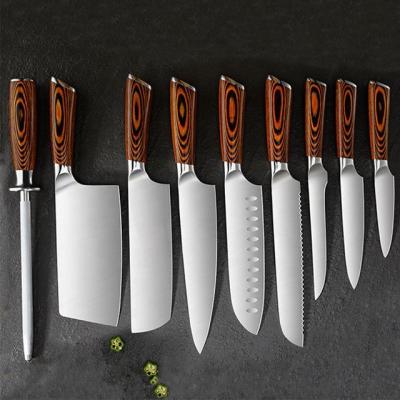 China 9PCS Kitchen Chef's Tool Knives Set Slicing Santoku 8 Inch High Carbon Stocked 7CR17 440C Stainless Steel Sharpening Steel for sale