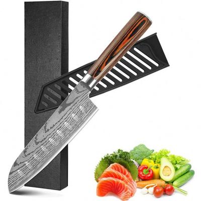 China Stocked 7inch santoku chef knife fruit high carbon steel knife with pakka wood handle in Amazon gift box hot sale for sale