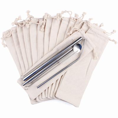 China Reusable Single Storage Bag Drinking Straw Cotton Drawstring Single Chopsticks Spoon Tableware Drinking Straw Storage Bag Pouch for sale