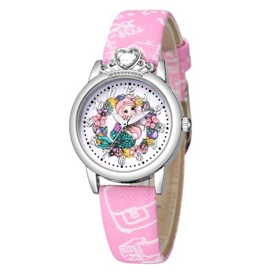 China Water Resistant Student Girls Cartoon Watches Fashion Crystal Princess Dial Quartz Watch Leather Kids Watches Gift for sale