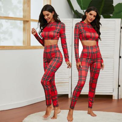 China 2021 New Breathable Autumn And Winter Hot Christmas European And American Plaids Printed Yoga Pants Sports Suit for sale