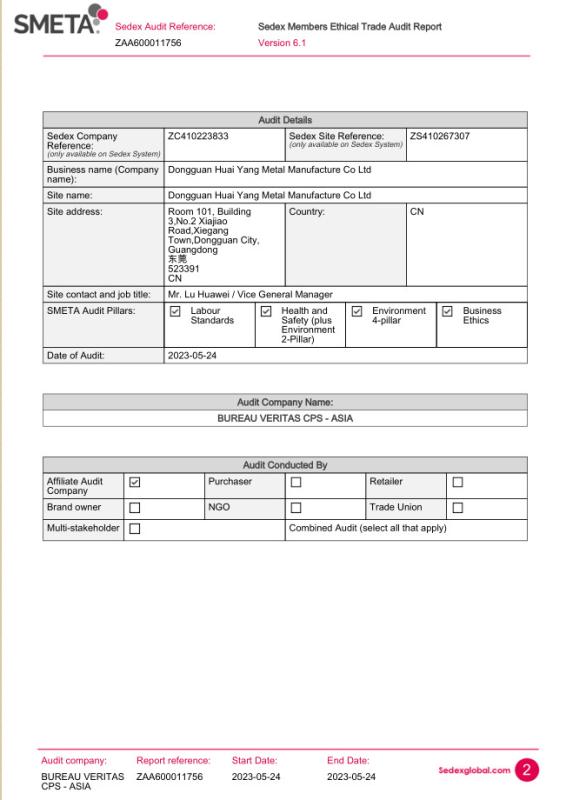 SMETA-Sedex - Dongguan Huaiyang Metal Manufacture Co., Limited