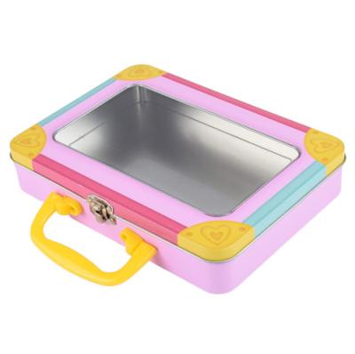 China Food Grade Handle Rectangular Tin Box With Window Hinge Lid Metal Candy Tin for sale