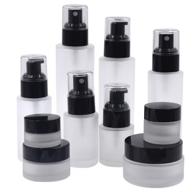 China Recyclable 20g 30g 50g 30ml 50ml 100ml set of glass bottles and jars frosted pump bottles factory stock pickle jar set for sale