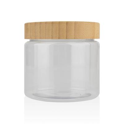 China 8oz Cosmetic Clear Wide Mouth PET Platstic Body Scrub Wooden Spice Jar Lid 100ml 150ml 250ml 500ml Bamboo Screw On Lid With Spoon for sale