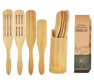 China Sustainable Hot Sale Kitchen Tools Kit Bamboo Spurtle Utensils With Rack for sale