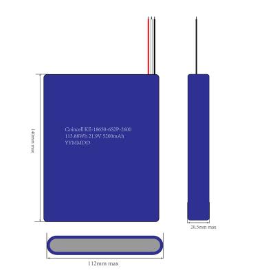 China Other Cylindrical Lithium Ion Rechargeable 18650-6S2P-2600 21.9V 5200mAh Battery Pack With PCM for sale