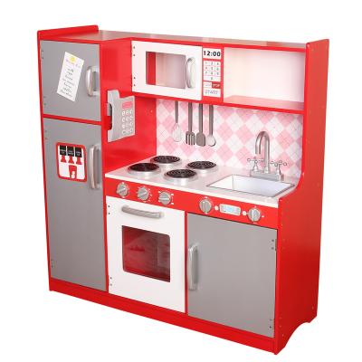 China Large MDF E1 Sticker Kitchen Plastic Accessories And Toy With Red Wooden ABS Paper, Easy Assembly Wooden Role Play Pretend Play Kitchen for sale