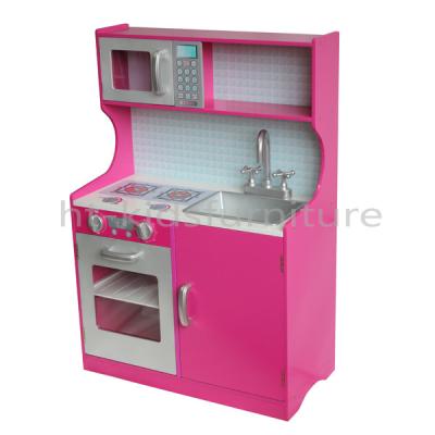 China Wooden MDF Easy Assembly Dark Pink Wooden Kitchen Toy For Kids Above HT-DK008 E1 3 Years, Doll Kitchen With Sink And Faucet for sale