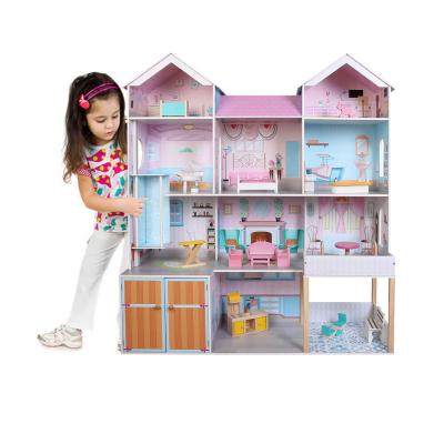 China Cartoon Toy Lovely Triple Storey Wooden Doll's Room with 19 Sets Miniature Furniture, Easy-Assembly Wooden Toys for sale