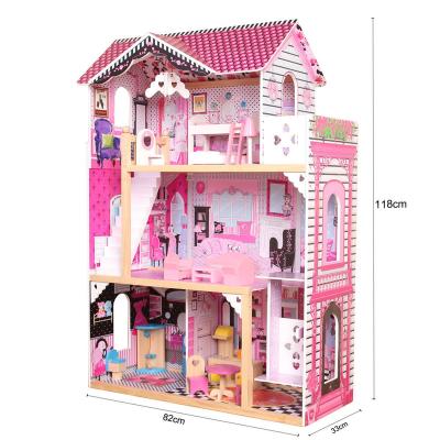 China Selling Mini Toy Best 3 layers pink wooden house toy 4 and 6 inch dolls nice quality pink toy doll educational wooden house set for sale