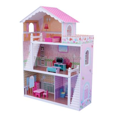 China Play+Study Three Floors Interactive Dolls Wooden Toy Doll House, Little Girls Educational Wooden Toy House DH001 for sale