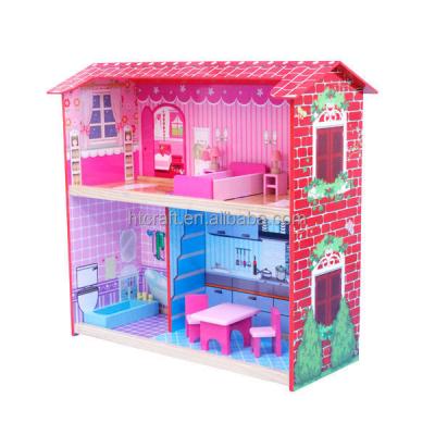 China Age 3 And Above 65*29*(H)60cm MDF And Pinewood Two Storeys Easy Assembly Toy Doll House With Mini Wooden Furniture Inside for sale